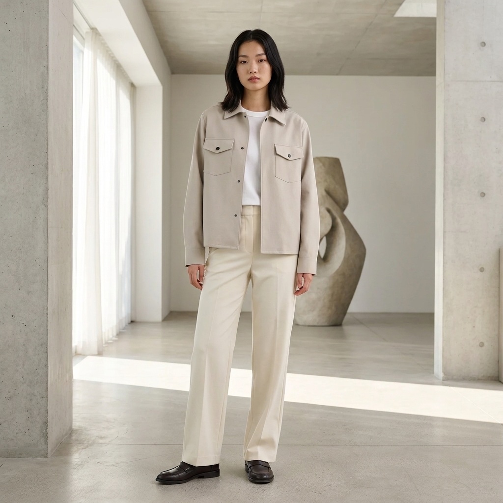 Người mẫu nữ mặc áo khoác màu cát và quần trắng ngà, trong phòng bê tông có rèm voan